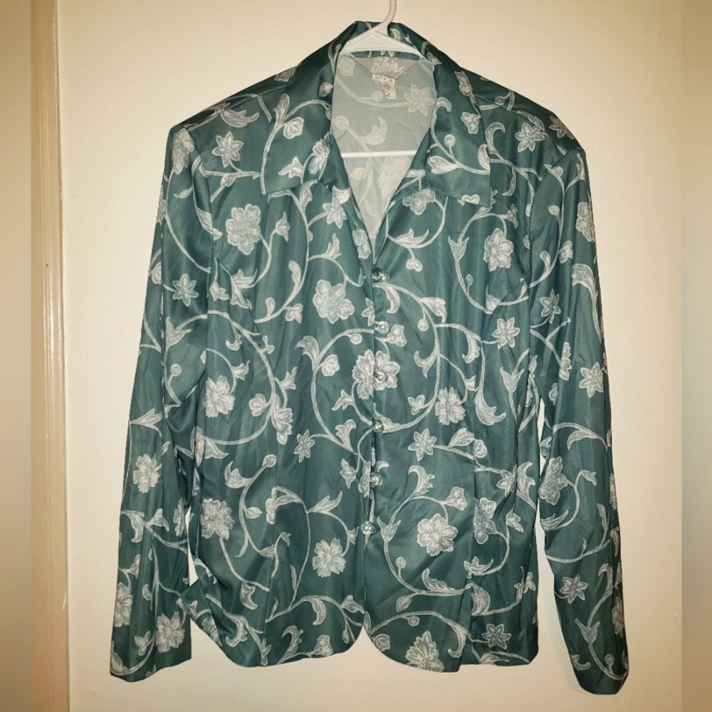 Vtg Blair Sz 18 (L/XL) Silky Floral Blouse Button Up Long Sleeve Blue Top